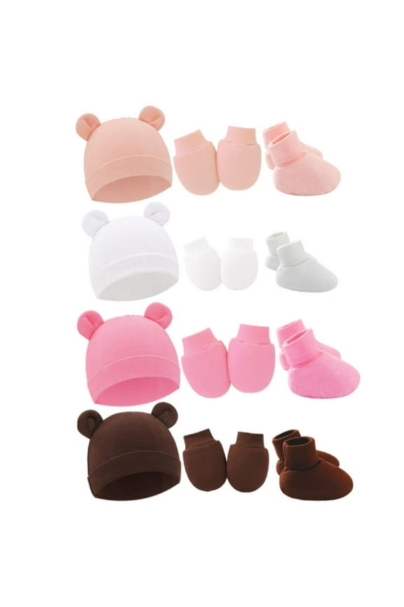 4Pack Newborn Baby Boy Girl Bear Ear Hat and Mitten Footcuff Sets Infant Cotton Beanie Gloves Newborn Hospital Hat 0-6M