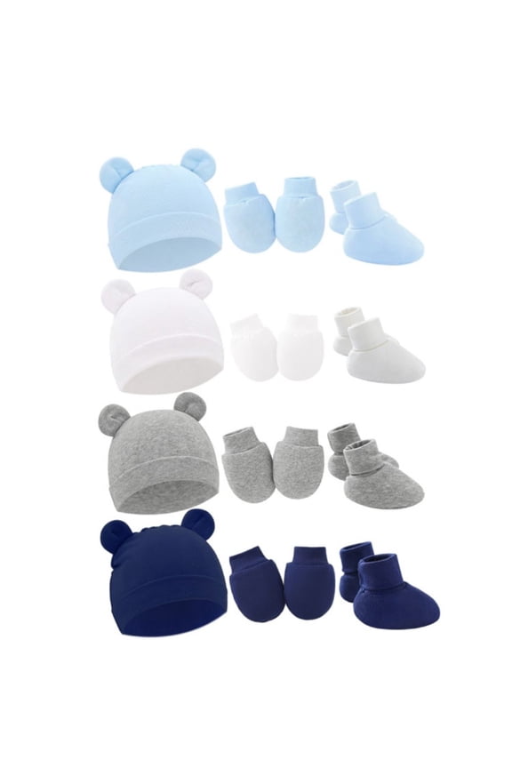 4Pack Newborn Baby Boy Girl Bear Ear Hat and Mitten Footcuff Sets Infant Cotton Beanie Gloves Newborn Hospital Hat 0-6M