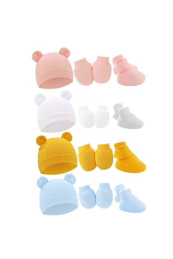 4Pack Newborn Baby Boy Girl Bear Ear Hat and Mitten Footcuff Sets Infant Cotton Beanie Gloves Newborn Hospital Hat 0-6M