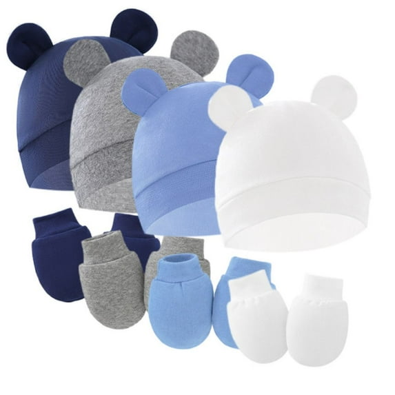 4 Pack Newborn Baby Hats Mittens Set for Boys Girls Hospital Hat Beanie Infant Caps Baby Gloves for 0-6 Months