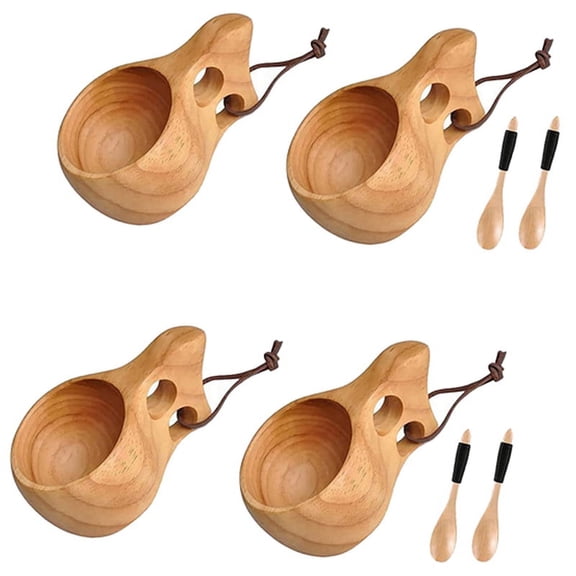4Pack Nordic Style Wooden Cup Kuksa Cup Portable Outdoor Camping Drinking Mug Wooden Coffee Cup with Wooden Spoon,4 x cups 4 x spoons,wood color