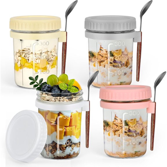 4Pack Overnight Oats Containers with Lids and Spoons,13oz Mason Overnight Oats Jars for Yogurt,Jars for Overnight Oats,Chia Pudding Jars with Lids