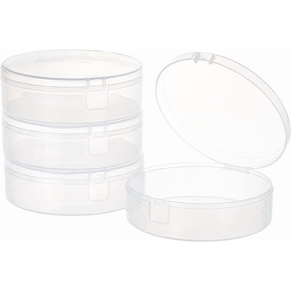 4Pack PP Round Bead Storage Containers Cylinder Bead Containers Clear Storage Organizer Box 3.7x3.6 inch with Hinged Lids for Eye Shadow Powder Beads Jewelry and Small Items
