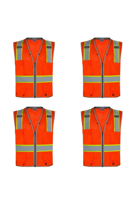 4Pack PRO Surveyor ANSI Class 2 with Reflective Trim with 6 Pockets Zipper Vest (ORANGE)
