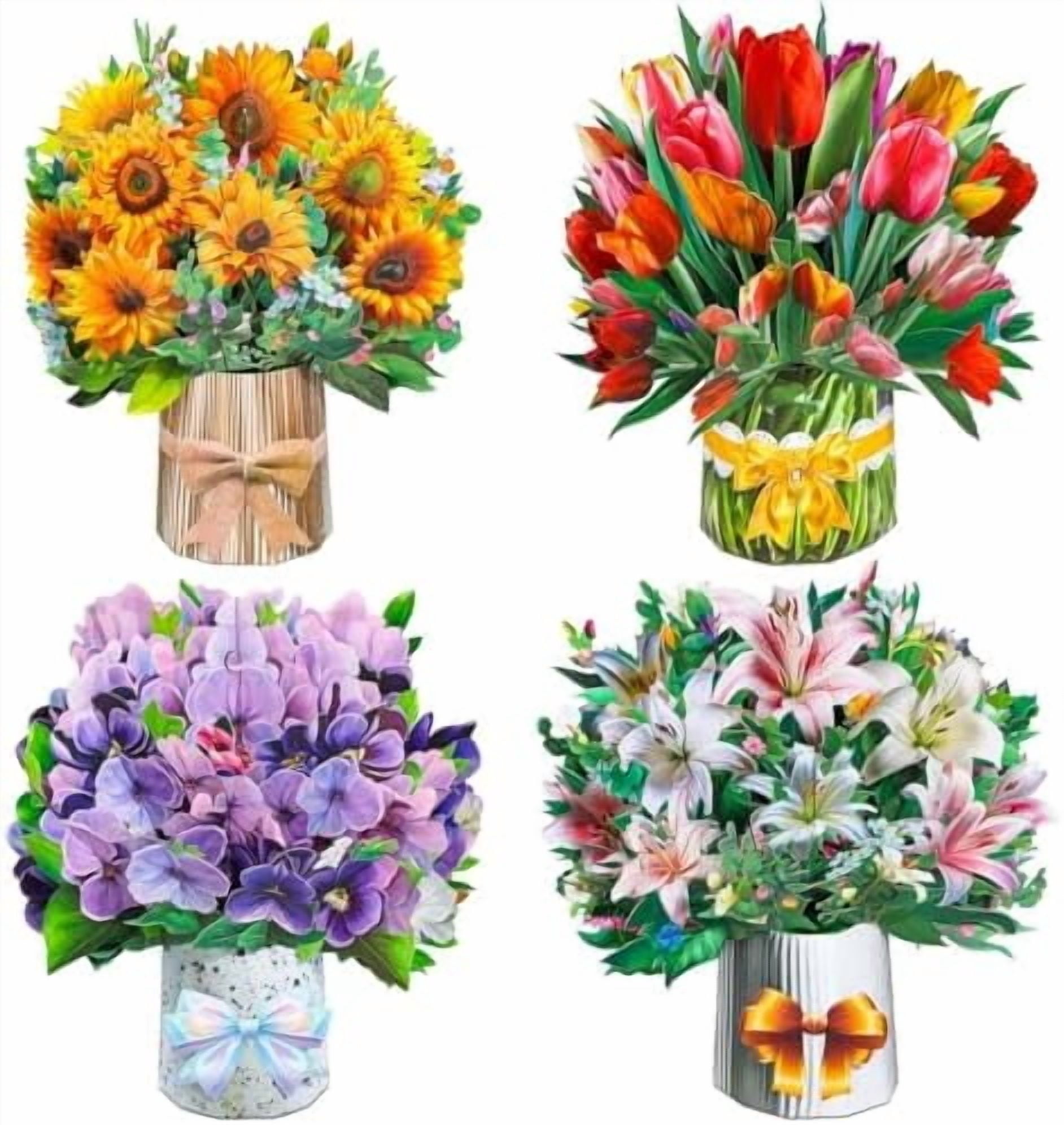 4Pack Paper Flower Cards, Pop Up Flower Bouquet Card Popup Greeting Cards for Mother's Day, Congratulations, Graduation, Anniversary, Birthday, Get Well, Home Decor, Ceramic Flower Vase Style
