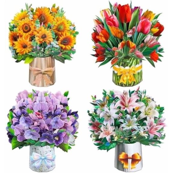 4Pack Paper Flower Cards, Pop Up Flower Bouquet Card Popup Greeting Cards for Mother's Day, Congratulations, Graduation, Anniversary, Birthday, Get Well, Home Decor, Ceramic Flower Vase Style