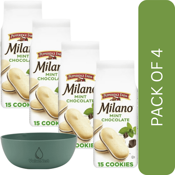 4Pack of Pepperidge Farm Milano Mint Chocolate Cookies, 7 oz Crisp Sandwich Cookies with Cool Mint & Rich Dark Chocolate,With Olive Green Bowl By ValueNest