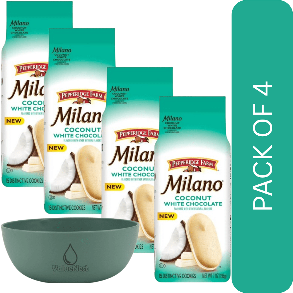 4Pack of Pepperidge Farm Milano White Chocolate Coconut Cookies, 7 oz – Crisp Sandwich Cookies with Tropical Flavor, With Olive Green Bowl  By ValueNest