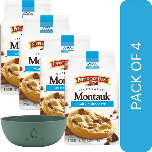 4Pack of Pepperidge Farm Montauk Soft Baked Milk Chocolate Chunk Cookies, 8.6 oz  8 Chewy Cookies with Creamy Chocolate Chunks,With Olive Green Bowl By ValueNest