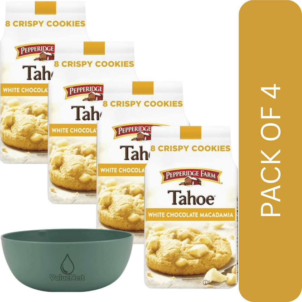 4Pack of Pepperidge Farm Tahoe White Chocolate Macadamia Nut Cookies, 7.2 oz – Crispy Gourmet Cookies with Buttery Nuts & Chocolate, With Olive Green Bowl By ValueNest