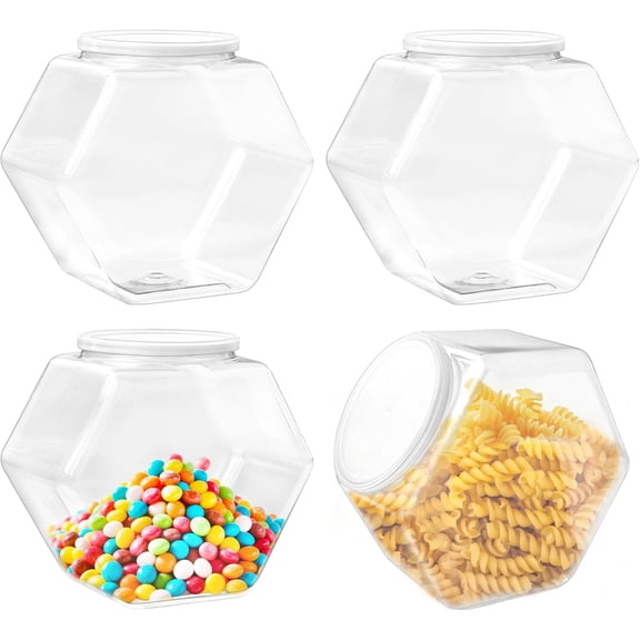 4Pack Plastic Candy Jars with lids,71Oz Clear Cookie Jars,Hexagon Candy Containers for Candy Buffet,Snacks,Food,Coffee Pod,Dog Treats,Washing Powder,Kitchen Storage