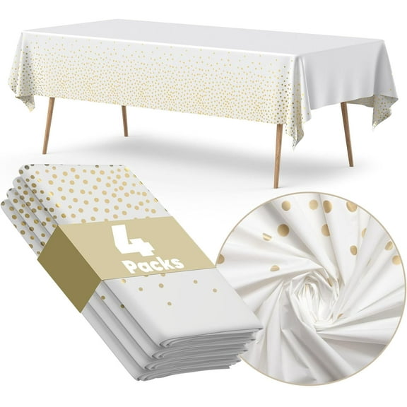 4Pack Plastic Table Cloth Disposable, 54”x108” White and Gold Table Cloths for Parties, Waterproof and Greaseproof Gold Dot Rectangles Tablecloth for Party Decorations BBQ,Wedding,Fine Dining