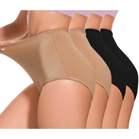 4Pack Plus size Women's Briefs Coverage Underwear Ladies Panties for Women Women's High-Waist Light Tummy Control Girdle Panties 2Black+2Khaki 3XL