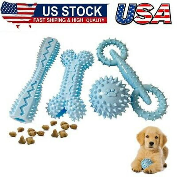 4Pack Puppy Toys for 2-8 Months Pets Dog Chew Toy for Small Puppies Teething Toys for Cleaning Teeth Food Dispensing Soft Durable Rubber Bone Funny Ball Interactive Donut Treat Dumbbell (Blue)