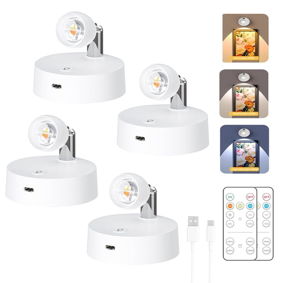 4Pack Rechargeable Picture Light , Interior Cordless Spotlight, Magnetic Wall Lamp whit Remote Support 3-Color Temp for Artwork Display, Paintings Portrait Photos Plant Lighting