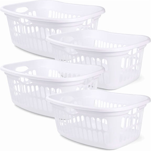 4Pack Rectangular Laundry Basket, Plastic Clothes Hamper, 1.5 Bushel, White - Dirty Clothing Storage Organizer with Handles for Bedroom, Bathroom, and Closet