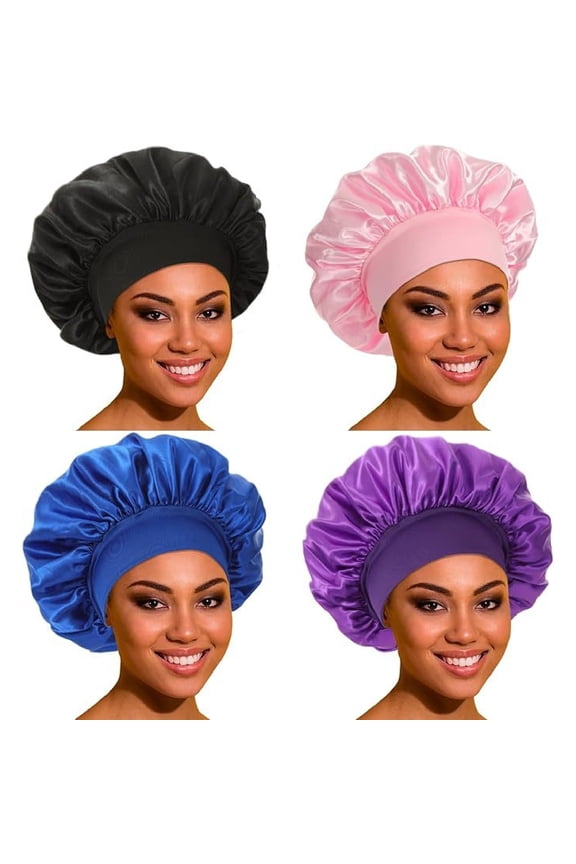 4Pack Satin Silk Bonnet for Sleeping, Adjustable Double Layer Silk Sleep Cap for Women, Soft Satin Lined Bonnet for Natural & Curly Hair