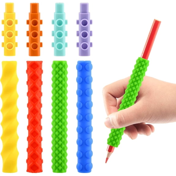 4Pack Sensory Pencil G-rips with 4 Textures,Spiral, Ribbed, Bubbled & Spiked Design,Adjustable Silicone Grip for K-ids & Adults, Enhances Writing Control and Focus, 4 Plastic Caps(Color:as Shown)