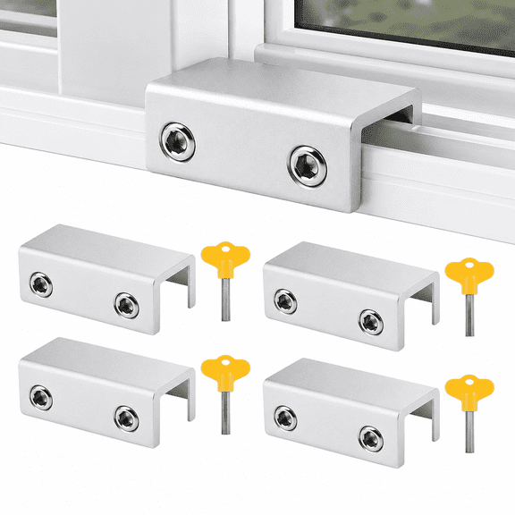 4 Pack Window Locks, Adjustable Keyed Sliding Window Security Locks, Metal Window Stoppers Silver