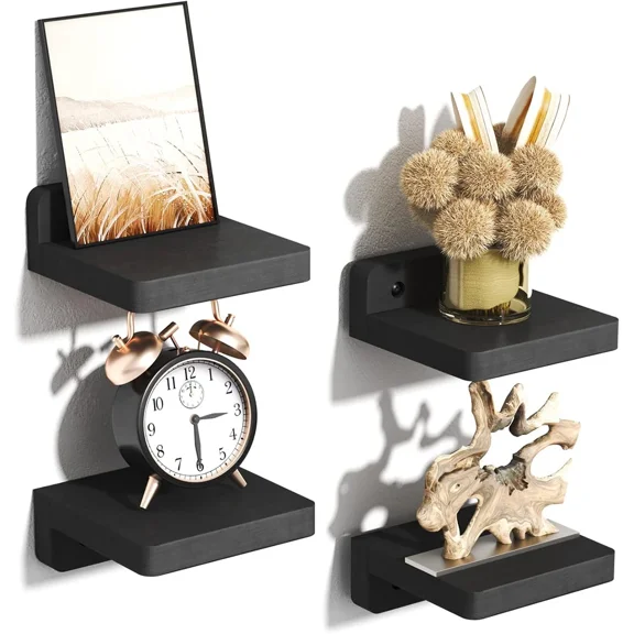 4Pack Small Floating Shelves for Wall, Wood Shelf 5 Inch Display Ledges Room Decor, Mini with 2 Types of Installation