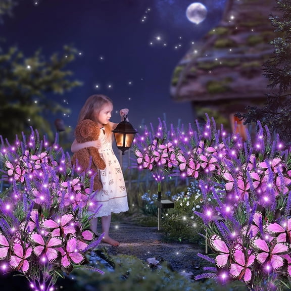 4Pack Solar Flowers Lights Outdoor Waterproof Lavenders Solar Butterfly Lights Solar Artificial Flower Butterfly Garden Decoration for Yard Pathway Lawn Courtyard