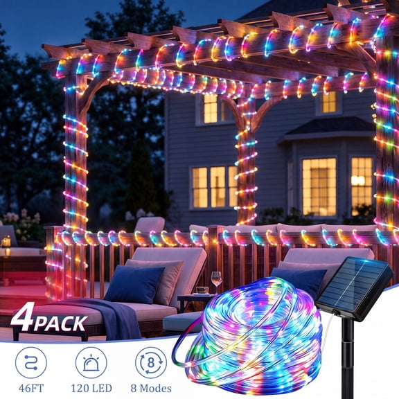 4Pack Solar string lights outdoor waterproof, Solar Rope Lights Outdoor, 120LED 46FT Solar String Lights Outside Waterproof, 8 Modes Strip Tube Light for Garden, Multicolor Fairy Lights Solar