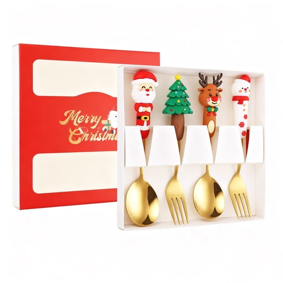4Pack Stainless Steel Christmas Coffee Spoon and Xmas Dinner Forks Set -Dessert Fruit Ice Cream Iced Tea Spoon, Cake Forks - Gifts for Christmas Party Supply