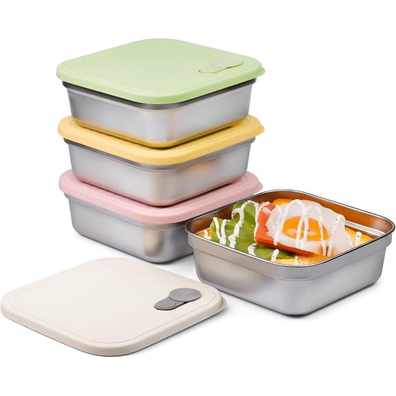 4Pack Stainless Steel Lunch Boxes - 650ml (22oz) Leakproof Reusable Food Containers , Stackable Metal Lunch Box for Daycare, School, Travel,Picnics