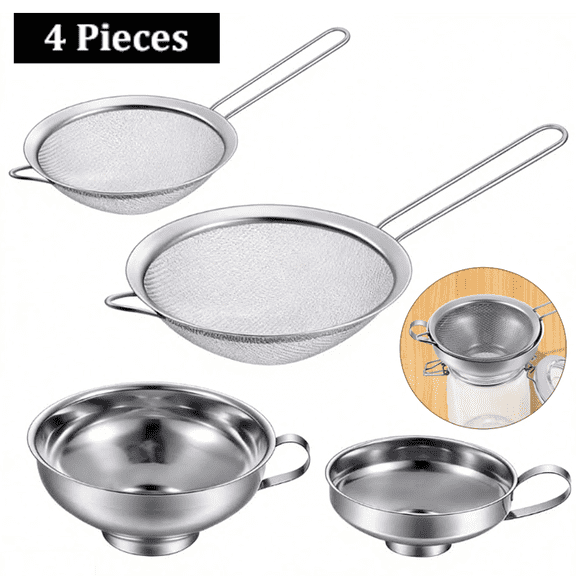 4Pack Stainless Steel Metal Funnel ,Canning Funnel with Strainer for Wide and Regular Mason Jars , Wide Mouth Funnels Set for Kitchen Use