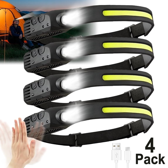 4Pack USB Rechargeable LED Headlamp, Motion Sensor Headlamp, Adjustable Headband, Emergency Work Light for Outdoor Camping Night Hiking, Running, Maintenance, Fishing