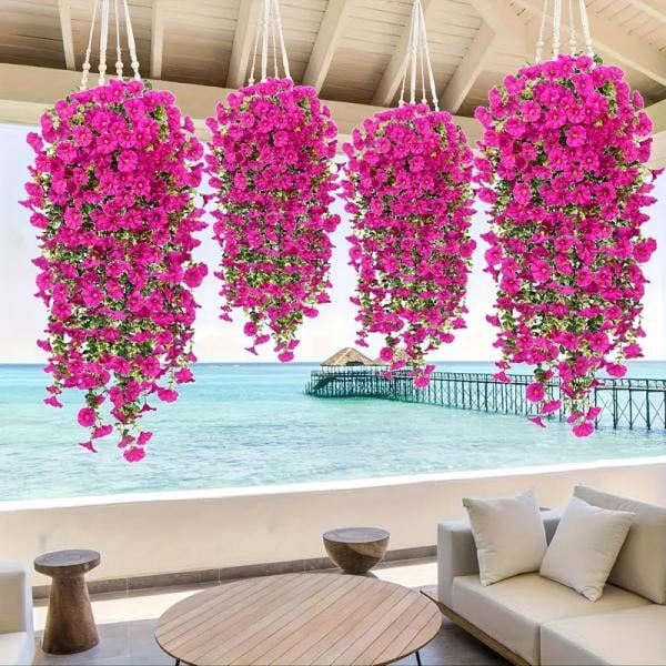 4Pack UV Resistant Artificial Hanging Petunias, 29.9in Fake Flowers for Outdoor Patio Garden Decor