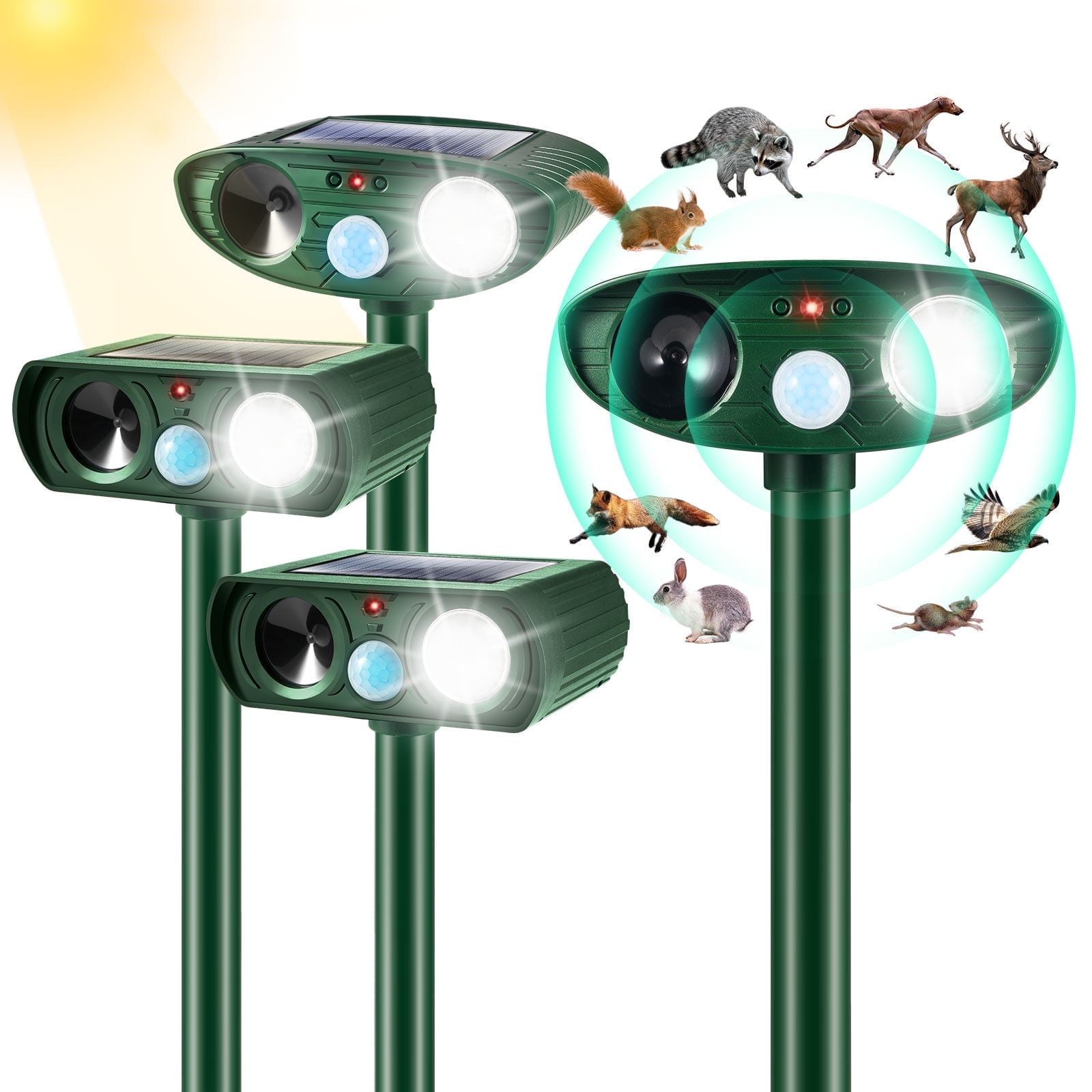 4 Pack Ultrasonic Animal Repellent Outdoor Solar Animal Repeller Waterproof with Motion Detection Cat Repellent Outdoor Deer Repellent Devices Dog Deterrent Skunk Repellent for Yard Garden Farm