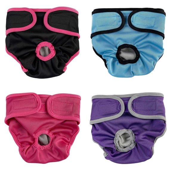 4Pack Washable Waterproof Female Dog Diapers, Leak Proof Reusable Nappies With Adjustable Fit for Large Dogs, Ideal for Heat & Incontinence, Black + Red + Purple + Blue, XS
