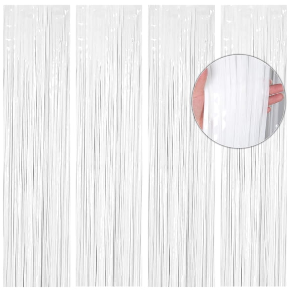4Pack White Metallic Tinsel Foil Fringe Curtains, White Streamer Backdrop Curtains for Birthday Party Decorations
