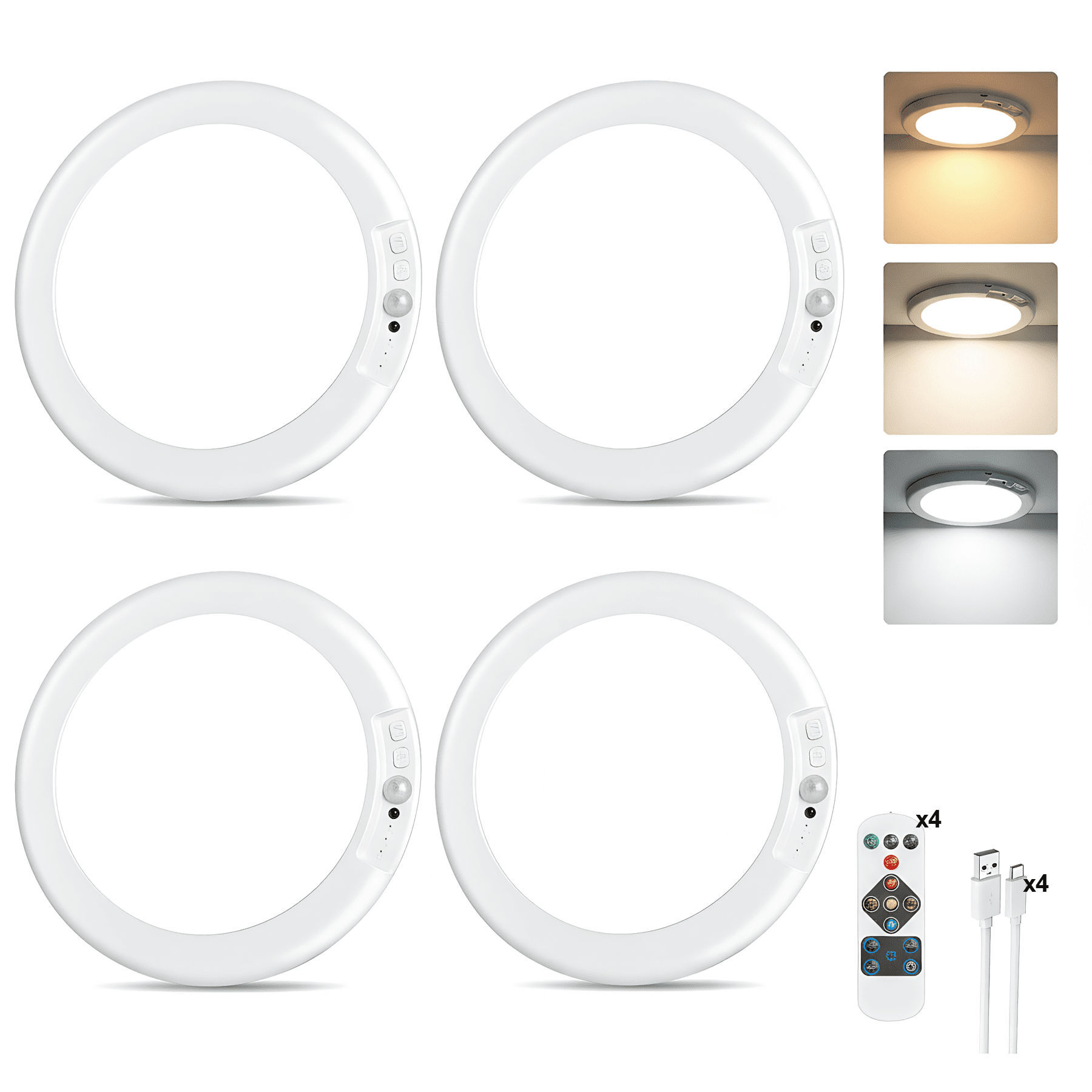 4Pack Wireless LED Ceiling Light, Rechargeable Ceiling Light whit Motion Sensor Support 3 Color Temp for Storage Room, Garage, Bathroom, Stairs, Doorway