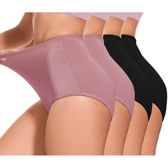 GAI YI 4Pack Women's High-Waist Light Tummy Control Girdle Panties Full Coverage Underwear Ladies Panties for Women 2Black 2Rose Brown M