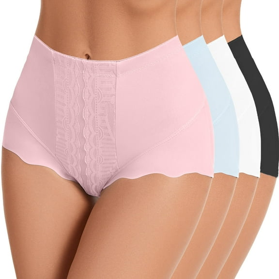 4Pack Women's High Waisted Light Support Underwear-Tummy Control Seamless Underwear Shapewear Panties Stretch Lace Briefs for Women S