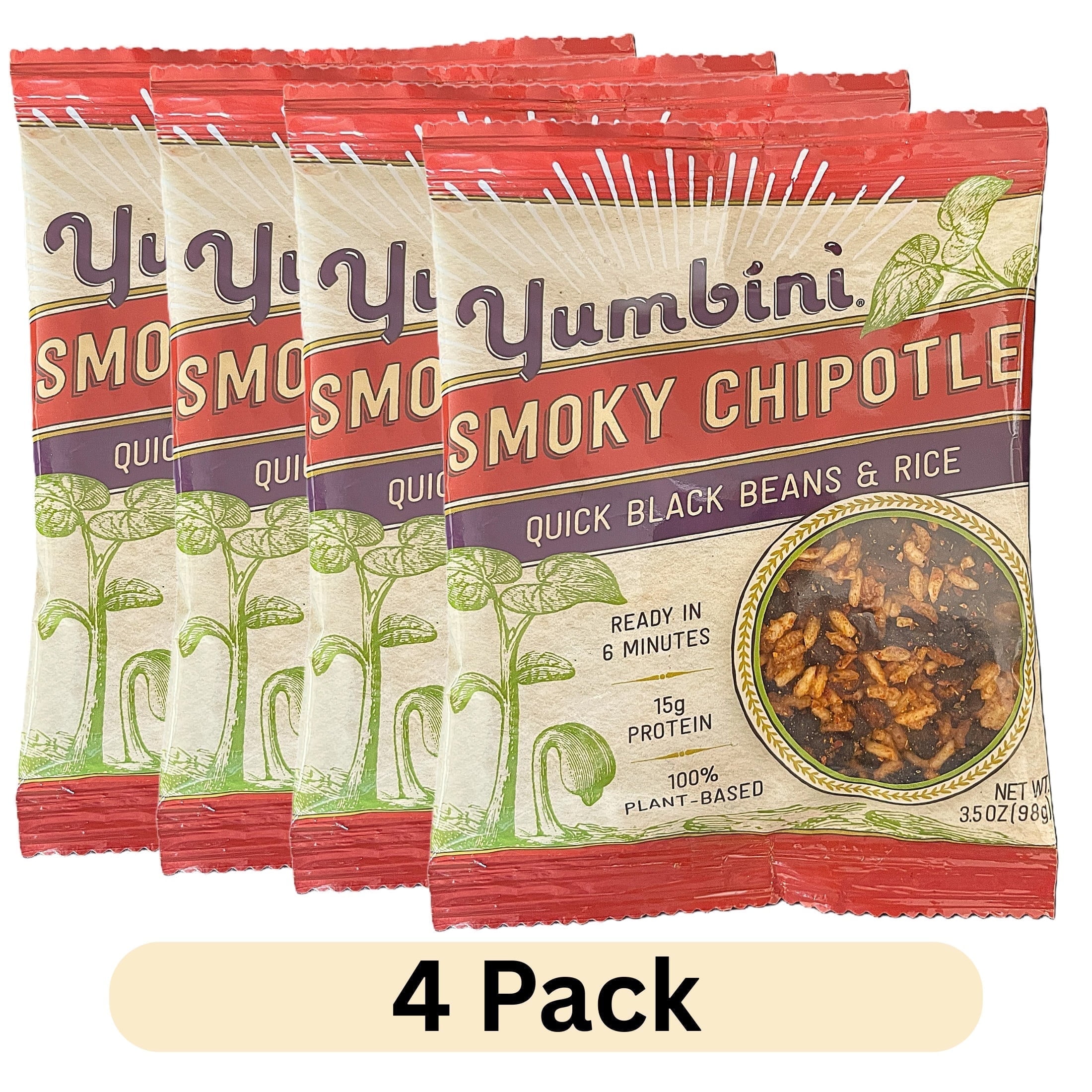 (4 pack) Yumbini Smoky Chipotle Quick Black Beans and Rice Dry Mix, Vegan, Gluten-Free, 3.5oz, Lightweight, Shelf Stable Pouch