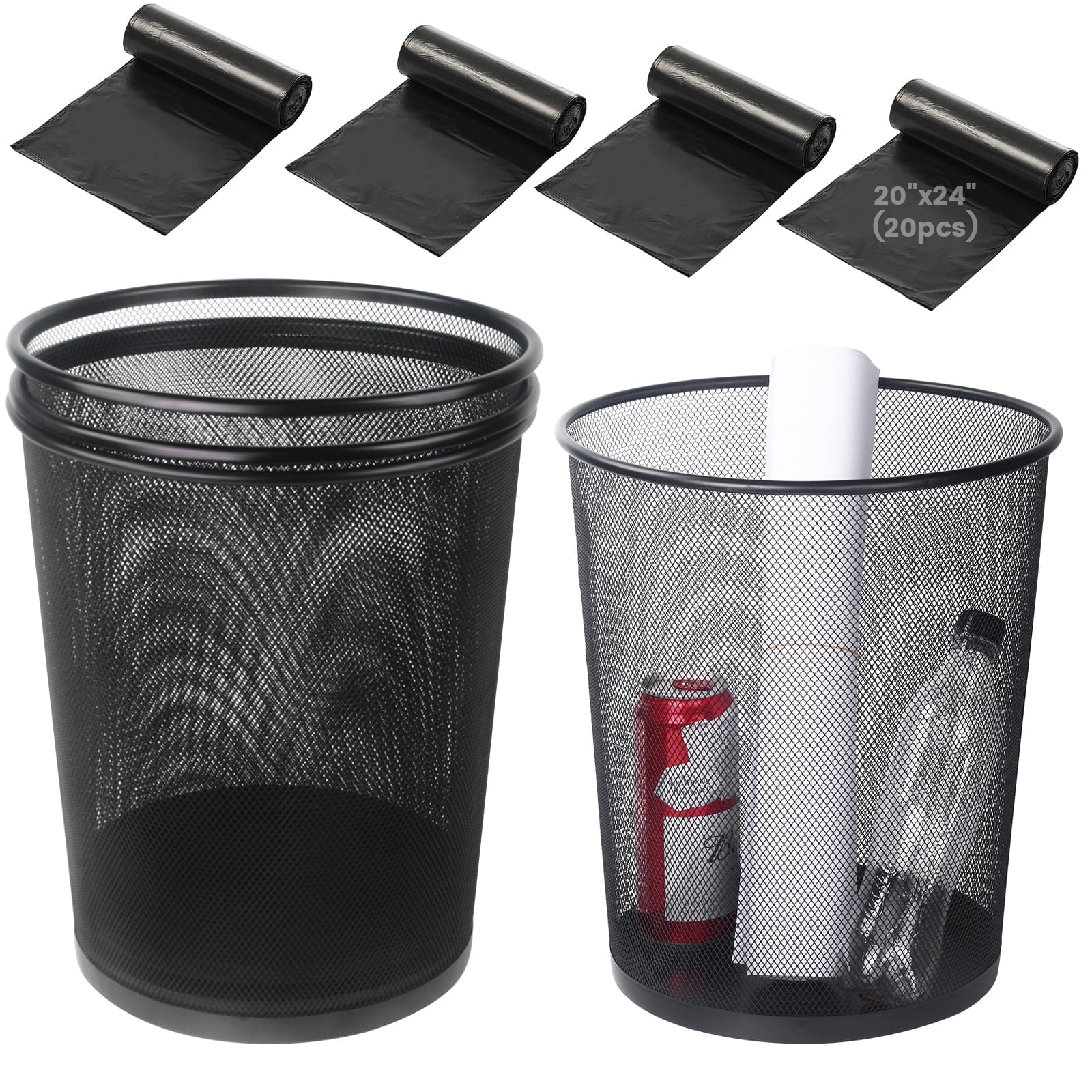 Gamexcel 5-Gallon Metal Mesh Trash Can 4 Pack, Round Open Top Black Waste Basket for Office, Bedroom and Bathroom