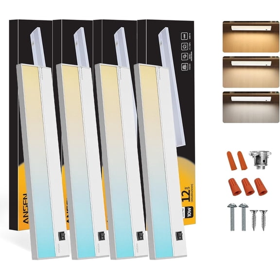 4Packs of Under Cabinet Lighting Hardwired, 12IN 10W 666LM, Dimmable Light for Kitchen/Bar/Closet, CRI>92, R9>90, 3 Color Temperature, 3000K/4000K/5000K(Warm White, Cool White, Daylight)