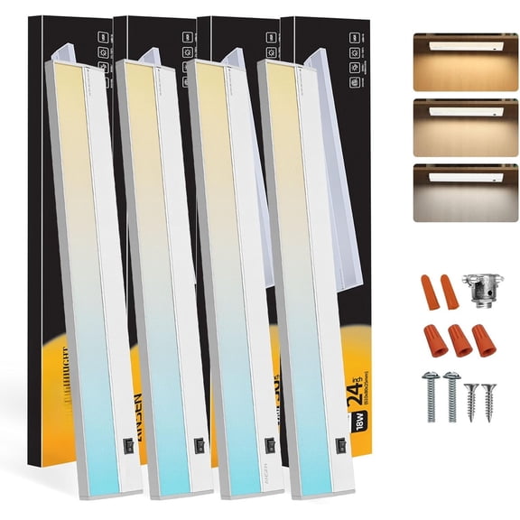 4Packs of Under Cabinet Lighting Hardwired, 24IN 18W 1237LM, Dimmable  Light for Kitchen/Bar/Closet, CRI>92, R9>90, 3 Color Temperature, 3000K/4000K/5000K(Warm White, Cool White, Daylight)