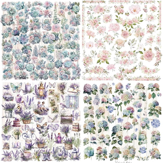4Packs Clear Stickers for Scrapbooking Journaling Vintage Junk Journal Supplies Transparent Sulfuric Acid Paper Self Adhesive Planner Crafts Decals Kit Christmas Steampunk Floral Plants Decoration