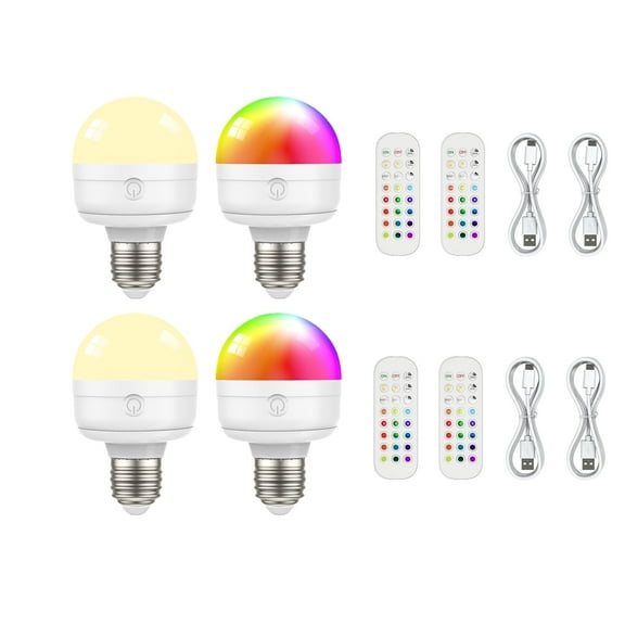 4Packs E27 Rechargeable Light Bulbs with Remote, 5W 450lm Battery Operated Magnetic Light Bulbs 2500mAh, 15 RGB Color, Timer, Dimmer for Non-Hardwired Lamp