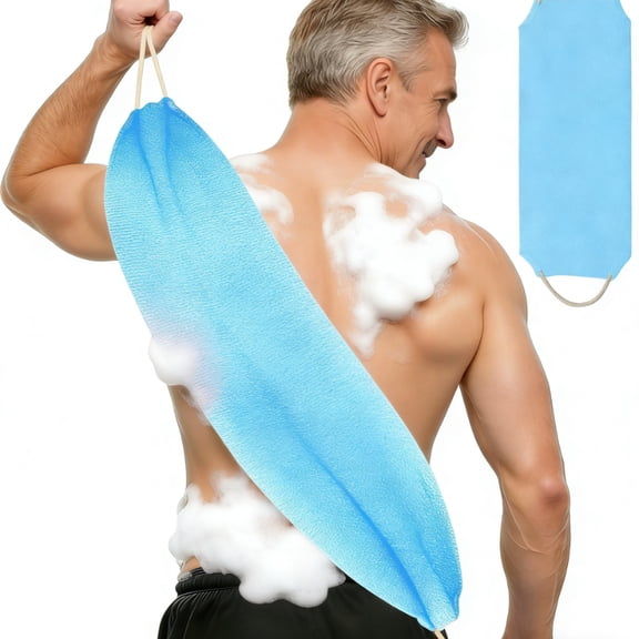 4Packs Exfoliating Back Scrubber with Handles, Nylon Back Exfoliator, Two Sides Stretchable Pull Strap Shower Deep Cleans Skin Massages Invigorating Blood Circulation for Women Men Body (Bule)