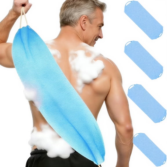4Packs Exfoliating Back Scrubber with Handles, Nylon Back Exfoliator, Two Sides Stretchable Pull Strap Shower Deep Cleans Skin Massages Invigorating Blood Circulation for Women Men Body (Bule)