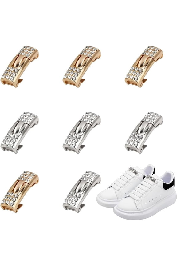 4 Pair Tieless Shoelace Buckle No Tie Shoe Laces Bling Rhinestone Locks 1.1x0.4x0.3inches Light Gold Platinum Alloy No Tie Flat Shoelaces for Women's Sneakers