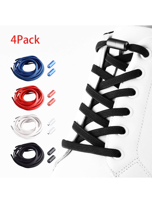 4Pairs 4 Colors No Tie Elastic Shoe Laces Adjustable Tieless Shoelaces, One Size Fits All Adult & Kids,Black, White, Red, Blue