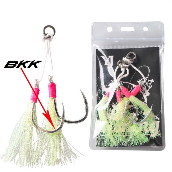 4Pairs 5X Double Hook Metal Jig Assist Hook Luminous Feathers Saltwater Fishhook