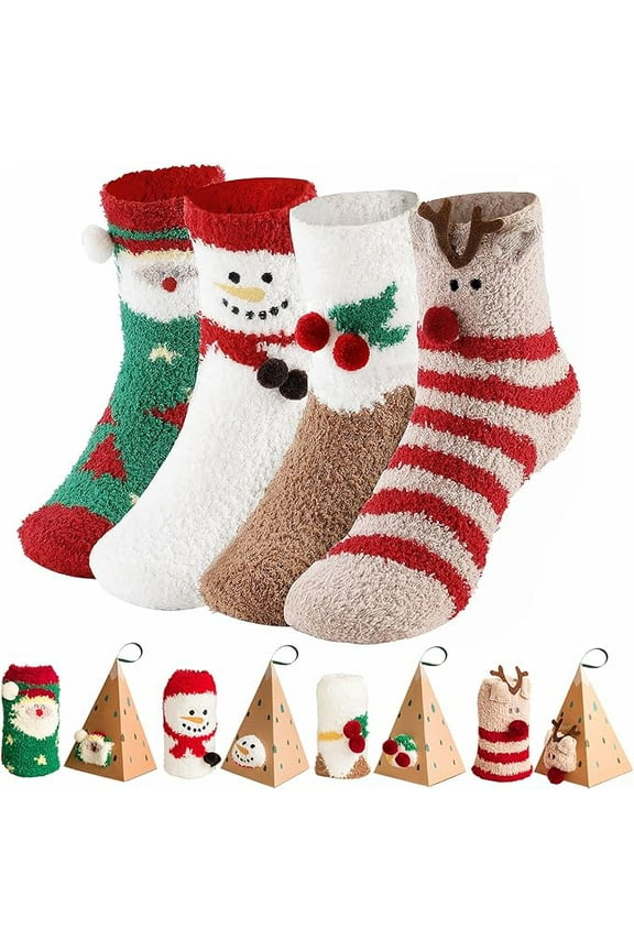 4Pairs Christmas Fluffy Slipper Warm Socks, Cute Kids Girs Long Crew Socks, Winter Cozy Thick Socks, Super Soft Fleece House Sleep Stockings Comfy Plush Ankle Socks for Teens Women Holiday Gift