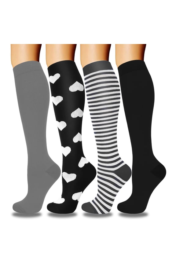 4Pairs Compression Socks for Women & Men Circulation 15-20 mmHg - Better Blood Flow, Swelling , Best Support for Medical, Running, Nursing